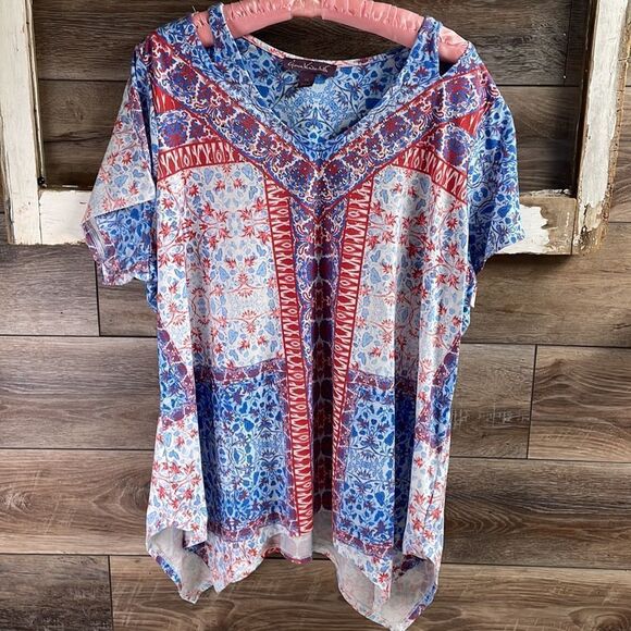 Gloria Vanderbilt Womens Embellished Tunic,Asymmetrical,Size 2X,Red,White,Blue - Picture 3 of 8